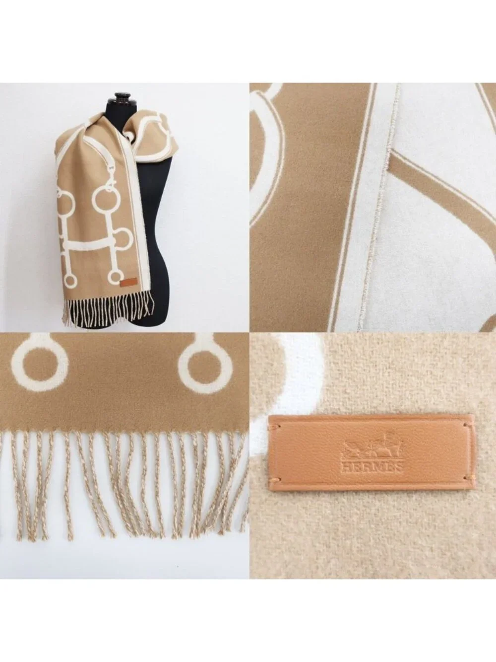 Hermes Heaven Scarf Molle Cashmere Beige Bicolor Fringe Shawl